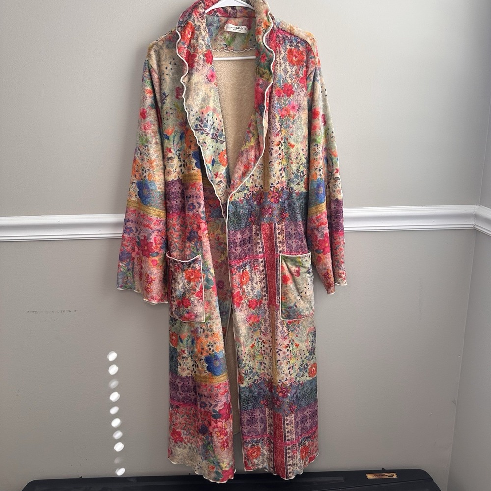 Natural Life Cozy Blanket Long Belted Robe L Patchwork Pink Lounge Soft Boho